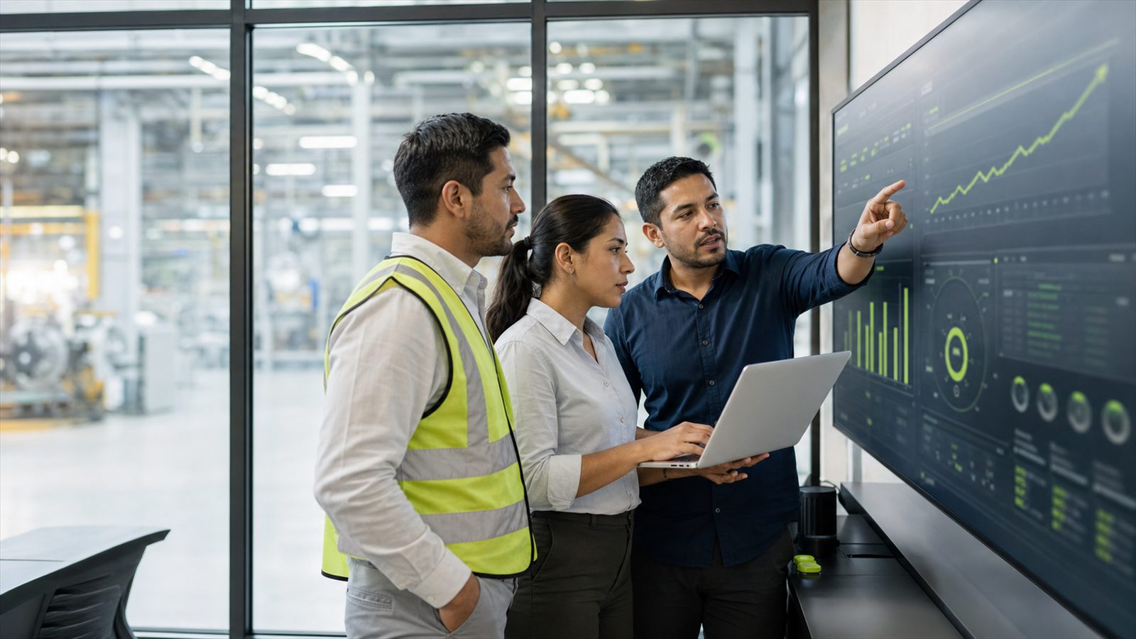 Equipo de una planta industrial revisando un panel de indicadores en una sala de control